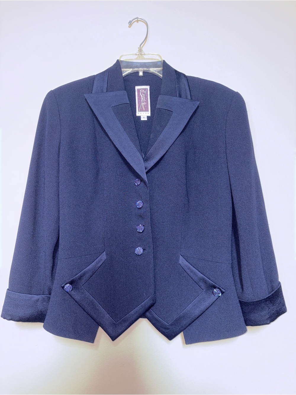 Vintage Zelda Navy Blue Velvet Trim Blazer Jacket Size 6